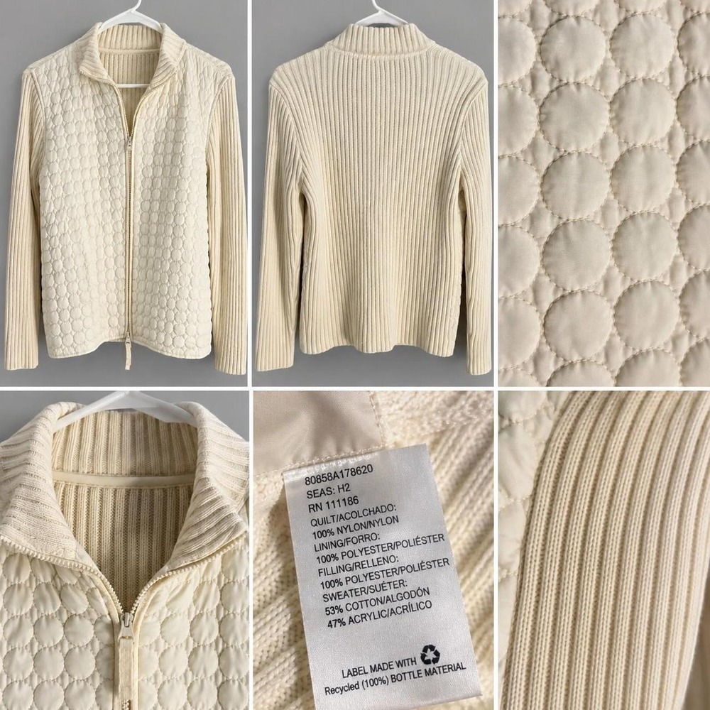 Cream Quilted Ribbed Knit Full Zip Mixed Media Sweater Jacket Ivory Quiet Luxury